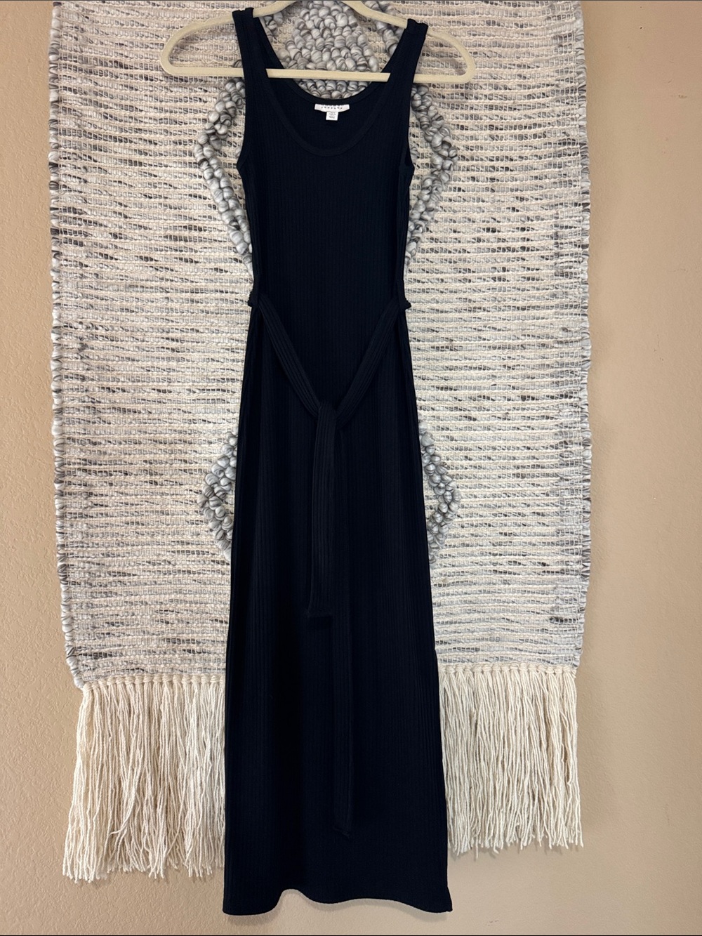 Topshop Black Ribbed Tank Maxi with Waist Tie